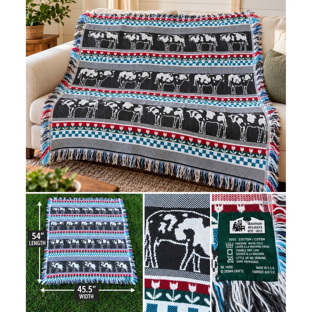 Goodwin Weavers Cow Tulip Woven Throw Blanket Unisex 54x45 Fair Farmhouse Black